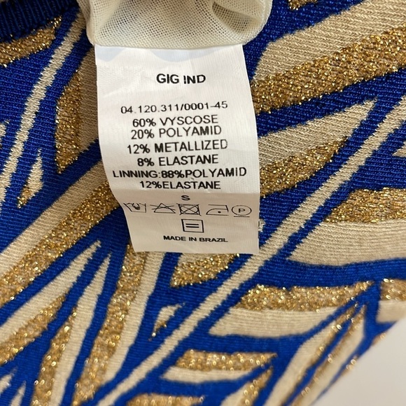 GIG Body-con style blue gold tan patterned flare dress Small - fits like XS - Picture 8 of 8